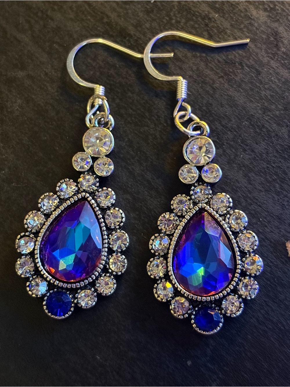 Silver Teardrop Dangle Earrings with Iridescent Blue-Purple Crystal
